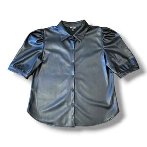 Steve Madden Black Faux Leather Collared Button Front Blouse Women's Size Large